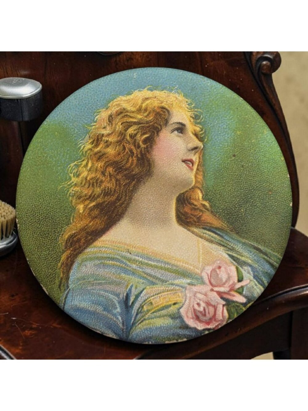 Antique Victorian Hand Mirror Womans Portrait Floral Accents 2" Diameter